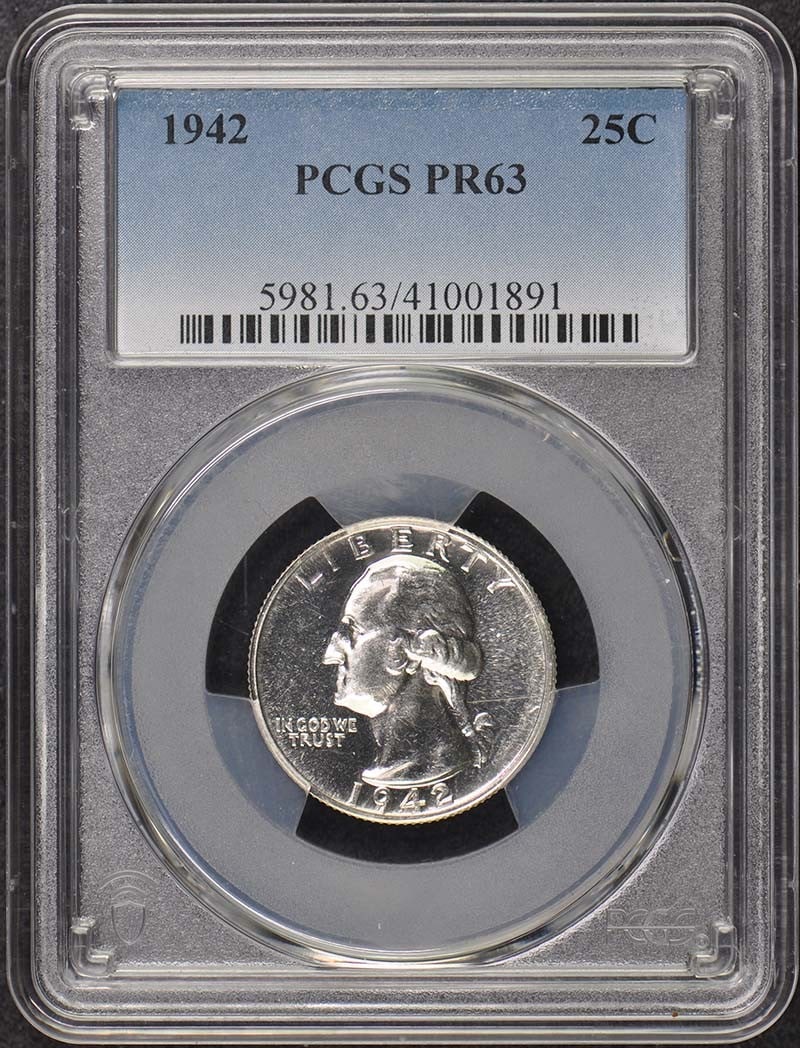 PCGS PR63 Proof 1942 Washington Quarter Certified: PCGS PR63 Proof 1942 Washington Quarter Certified This is a 1942 Washington Quarter graded PR63 by PCGS. The coin is uncirculated, features a proof strike, and was minted in Philadelphia. It is a pre-