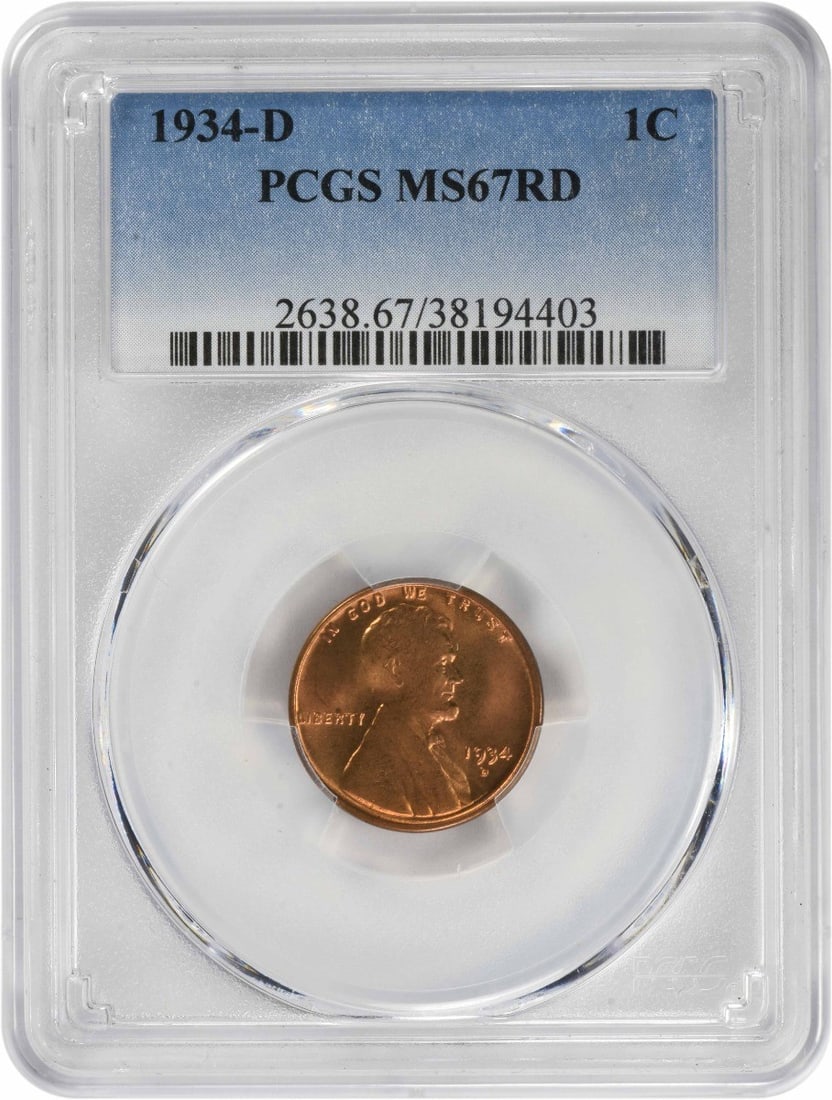 PCGS MS67RD 1934-D Lincoln Wheat Cent: PCGS MS67RD 1934-D Lincoln Wheat Cent This 1934-D Lincoln Wheat Cent is a small cent coin from the United States, composed of copper. Graded MS67RD by PCGS, it is uncirculated and features the 'D' min