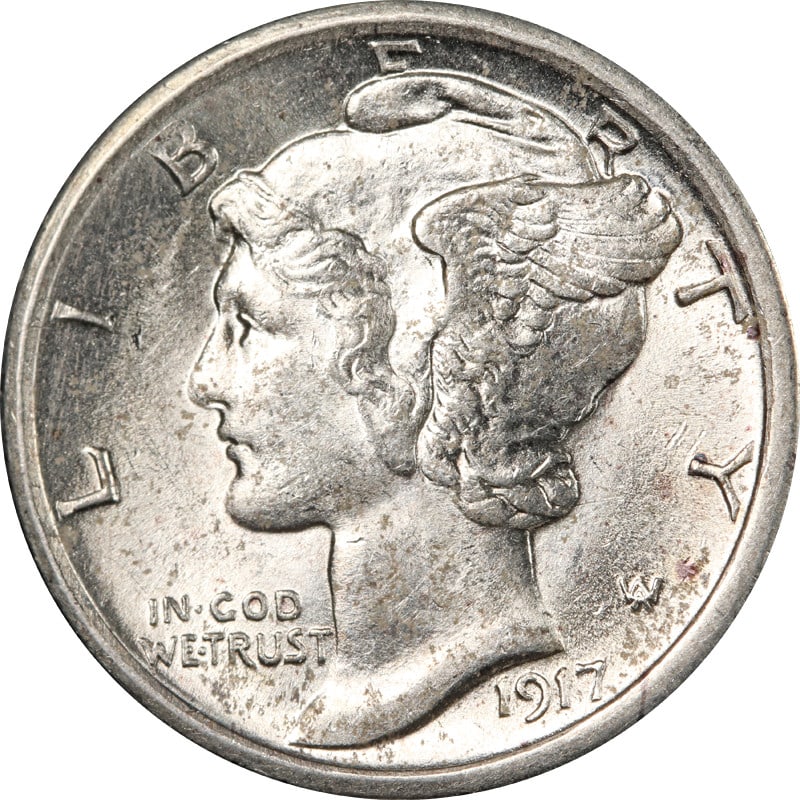 1917 Philadelphia Mercury silver dime: 1917 Philadelphia Mercury silver dime This 1917-P Mercury Dime is a circulated coin from the United States, composed of 90% silver. It remains uncertified and is in pre-owned condition, offering a pie