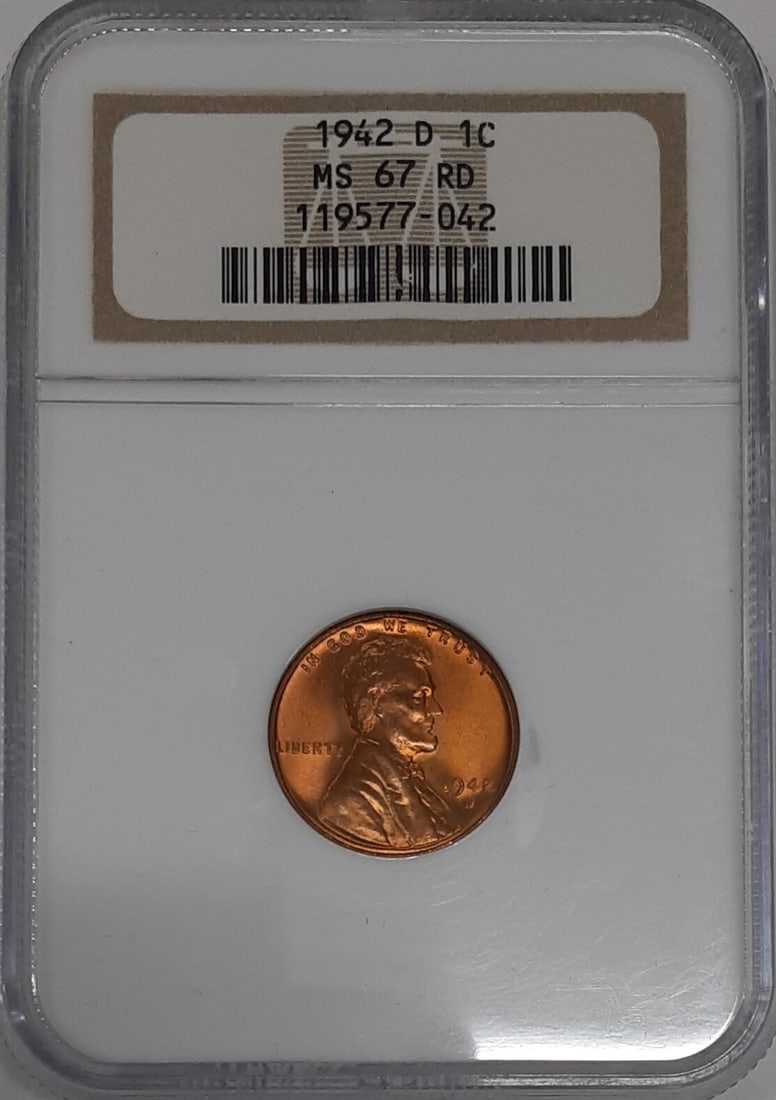 NGC MS-67 RD 1942-D Lincoln Wheat Copper Small Cent: NGC MS-67 RD 1942-D Lincoln Wheat Copper Small Cent This 1942-D Lincoln Wheat Cent is a small cent coin minted in Denver and certified by NGC with a grade of MS-67 RD. The coin is composed of copper a