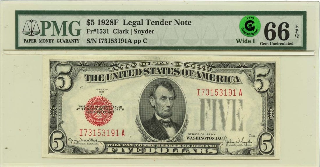 PMG GEM 66 EPQ 1928 $5 Legal Tender Note FR1531 Wide I: PMG GEM 66 EPQ 1928 $5 Legal Tender Note FR1531 Wide I This is a 1928F $5 Legal Tender Note from the United States, graded MS66 GEM Uncirculated by PMG. It features the FR#1531 wide I variety and is d