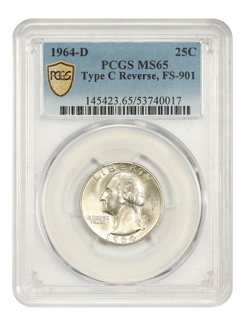 Washington Quarter 1964-D 25C PCGS MS65 Type C Rev FS-901: Washington Quarter 1964-D 25C PCGS MS65 Type C Rev FS-901 Certified 1964-D Washington Quarter graded PCGS MS65. This uncirculated coin is identified as the Type C Reverse, FS-901 variety and is offere