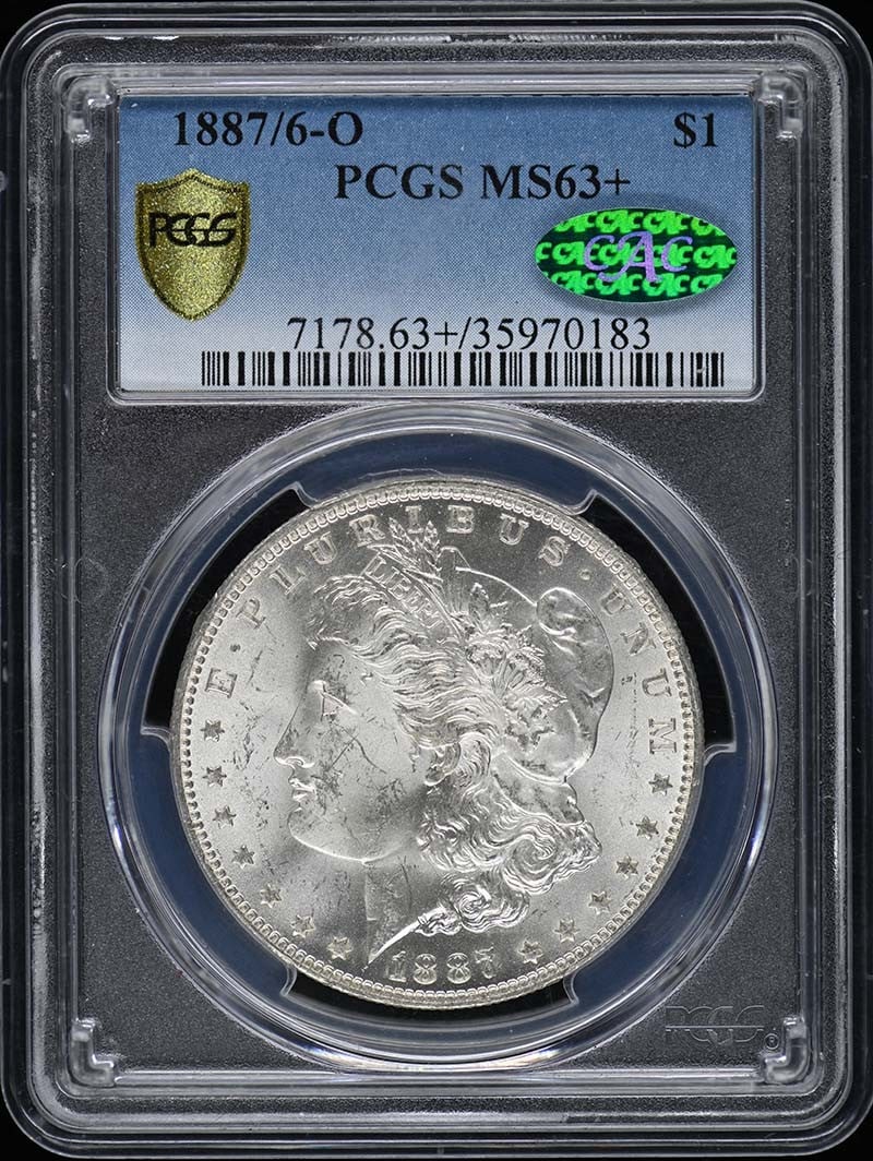 1887/6-O Morgan Dollar PCGS MS63+ CAC Certified Uncirculated: 1887/6-O Morgan Dollar PCGS MS63+ CAC Certified Uncirculated This stunning 1887/6-O $1 Overdate Morgan Dollar is certified by PCGS with a high grade of MS63+, reflecting its uncirculated condition. Mi