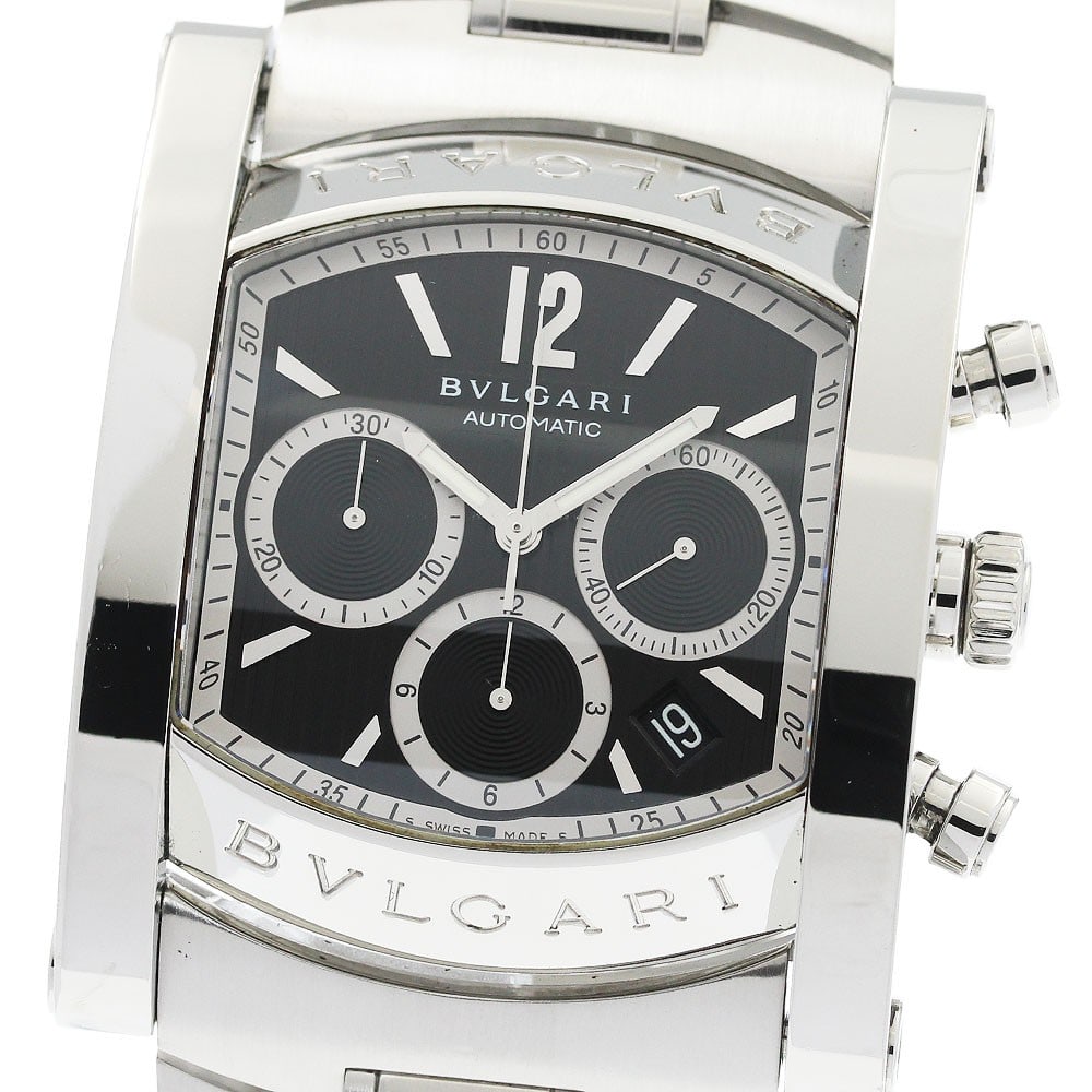 Mens automatic chronograph watch BVLGARI Assioma AA48SCH date black dial: Mens automatic chronograph watch BVLGARI Assioma AA48SCH date black dial Pre-owned BVLGARI Assioma chronograph wristwatch with automatic movement and a black dial. This men's watch features date, chro
