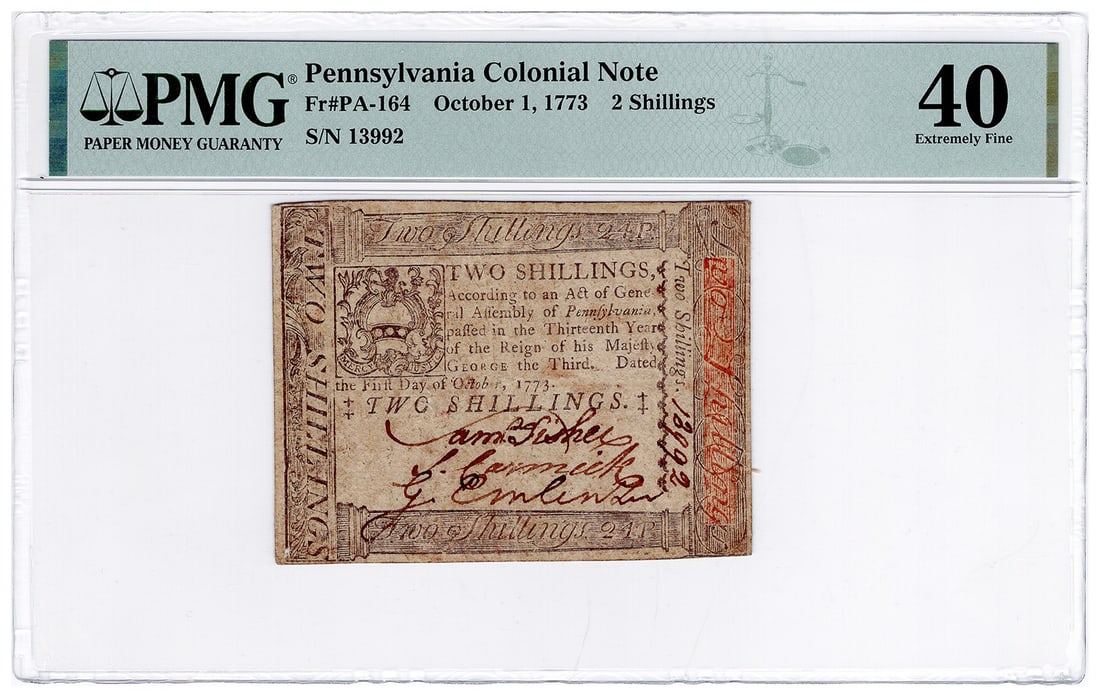 Pennsylvania Colonial 2 Shillings Note dated Oct 1 1773 PMG XF40 (1 of 2)