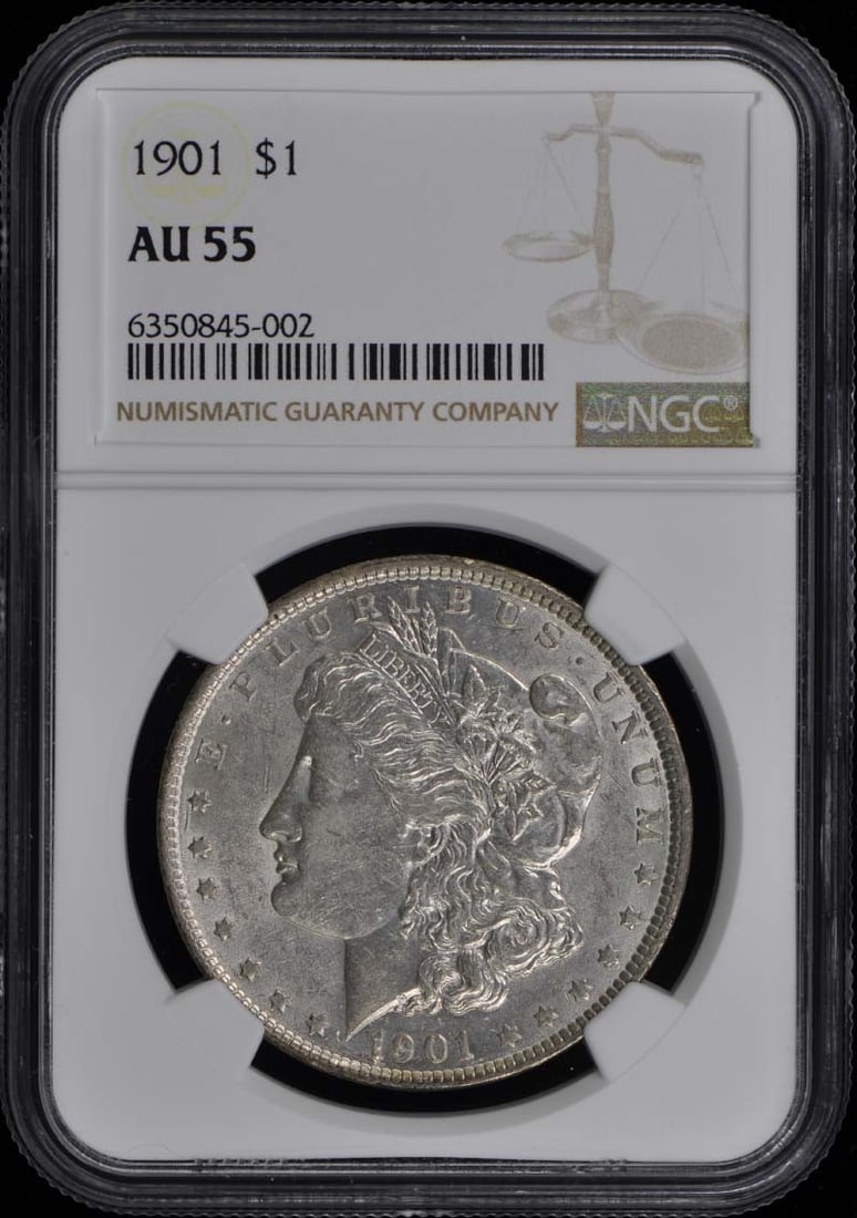 NGC AU55 1901 Philadelphia Morgan Silver Dollar: NGC AU55 1901 Philadelphia Morgan Silver Dollar This 1901 Morgan Dollar is certified by NGC with a grade of AU55, indicating it is circulated and in About Uncirculated condition. Minted in Philadelphi