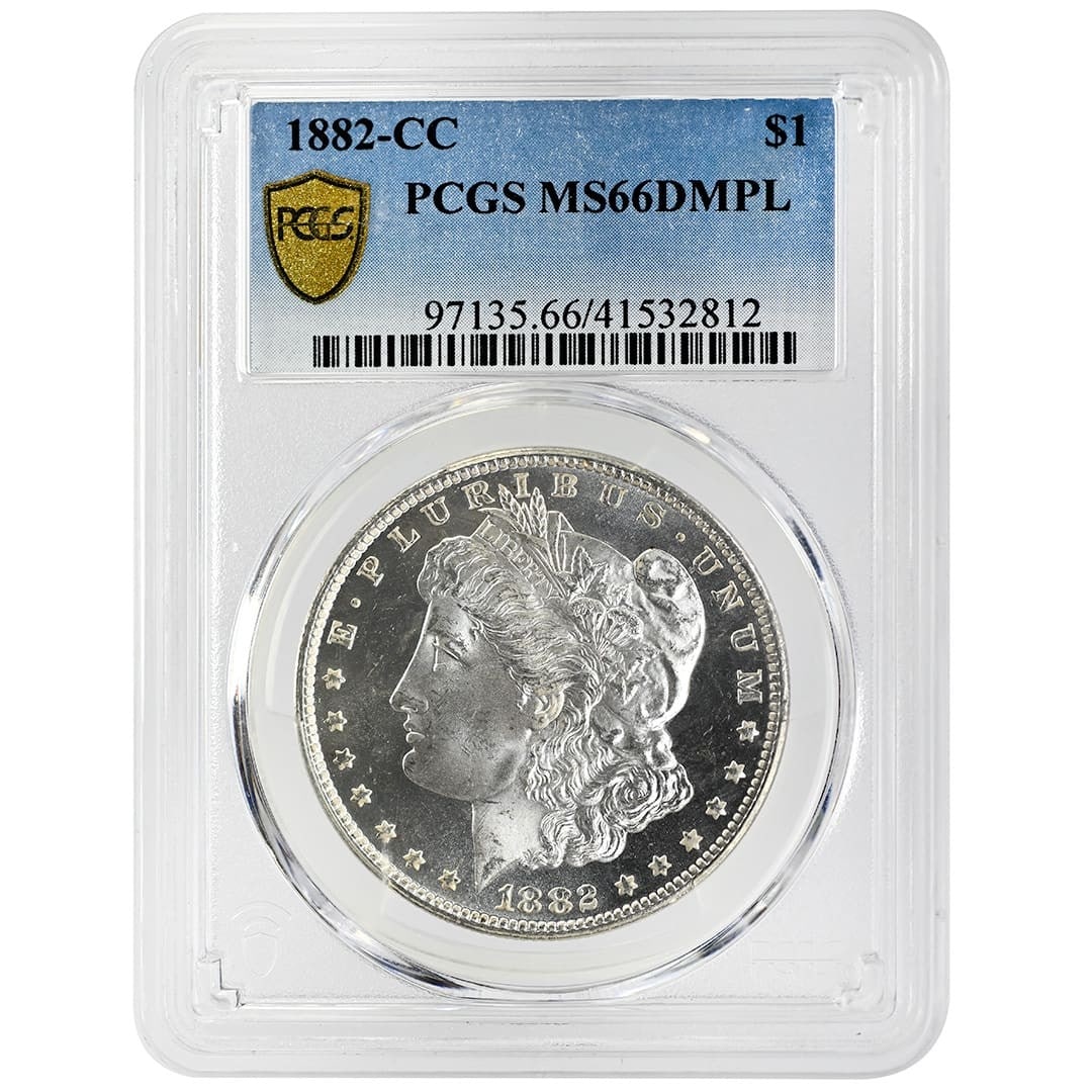 PCGS MS66DMPL 1882-CC Morgan Silver Dollar $1 Carson City: PCGS MS66DMPL 1882-CC Morgan Silver Dollar $1 Carson City 1882-CC Morgan Silver Dollar certified by PCGS as MS66DMPL. This pre-owned Carson City issue is described as a rare coin with bright white app