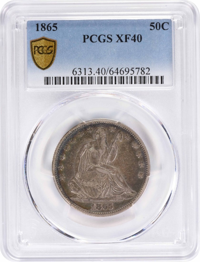 PCGS EF40 1865 Seated Liberty 50C Silver Half Dollar: PCGS EF40 1865 Seated Liberty 50C Silver Half Dollar 1865 Liberty Seated Half Dollar certified by PCGS and graded EF40. This circulated, pre-owned United States 50C coin features the Seated Liberty de