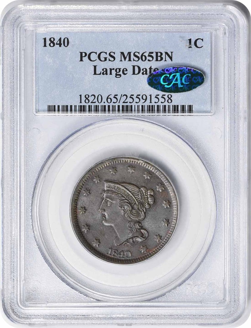 1840 Large Cent MS65BN PCGS Braided Hair Copper Coin: 1840 Large Cent MS65BN PCGS Braided Hair Copper Coin This 1840 Large Cent, featuring a Large Date, is graded MS65BN by PCGS, with a CAC sticker for added assurance of quality. Minted in Philadelphia, 