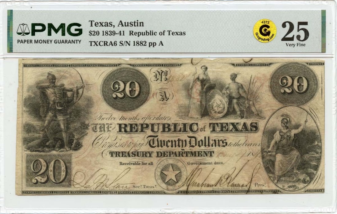 PMG VF25 1840 Austin Texas Republic of Texas $20 Obsolete Bank Note (1 of 2)