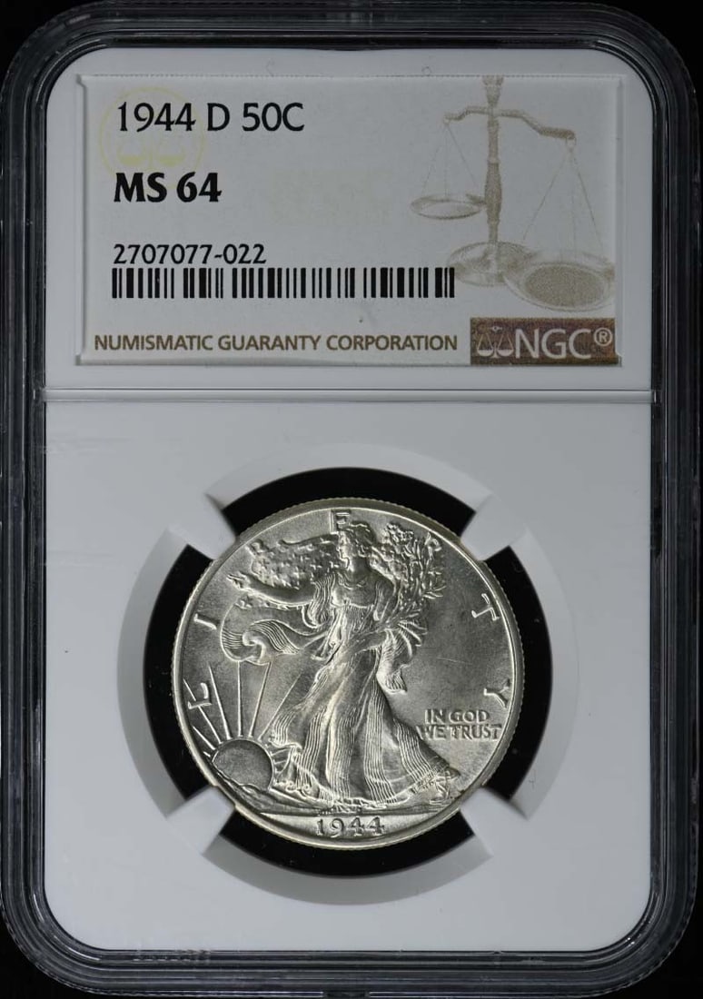 NGC MS64 1944-D Walking Liberty Half Dollar 50C: NGC MS64 1944-D Walking Liberty Half Dollar 50C 1944-D Walking Liberty Half Dollar certified by NGC and graded MS64. This pre-owned coin is listed as uncirculated and issued by the United States. Spec