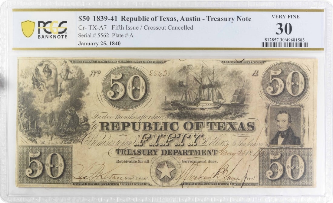 Republic of Texas Austin A7 $50 Note 1839-41 PCGS VF30 Crosscut Cancelled (1 of 2)