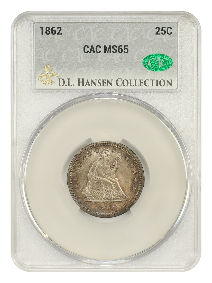 Liberty Seated Quarter 1862 25C MS65 CACG ex D.L. Hansen: Liberty Seated Quarter 1862 25C MS65 CACG ex D.L. Hansen 1862 Liberty Seated Quarter, denomination 25C, certified CACG MS65 and noted ex: D.L. Hansen. This No Motto issue is described as a challenging