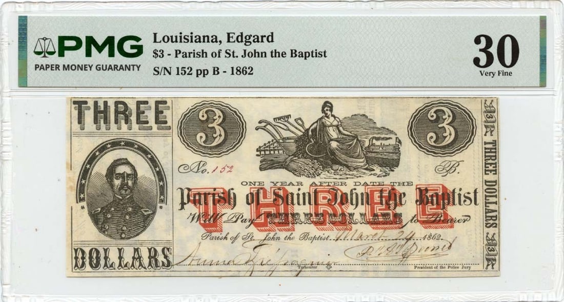 PMG VF30 1862 Edgard Louisiana $3 Obsolete Note St John the Baptist Parish (1 of 2)