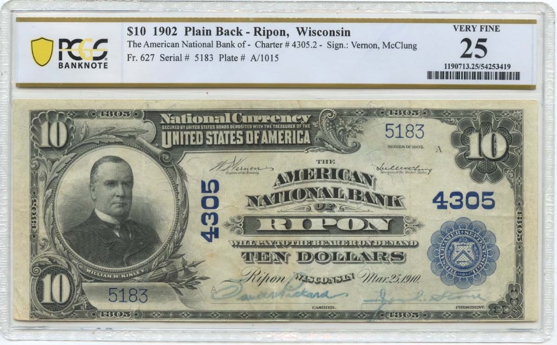 PCGS VF25 1902 10 Dollar National Bank Note Ripon Wisconsin FR#627 CH#4305: PCGS VF25 1902 10 Dollar National Bank Note Ripon Wisconsin FR#627 CH#4305 1902 $10 National bank note from American National Bank of Ripon, Wisconsin, cataloged as FR#627 and CH#4305. This pre-owned 