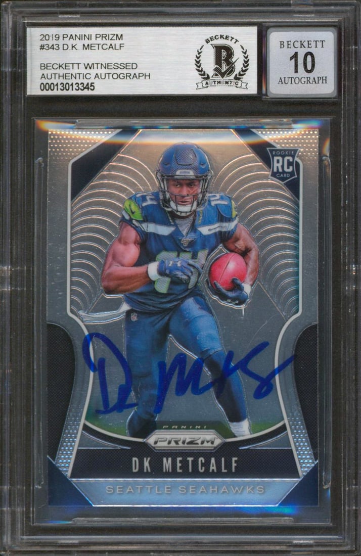 DK Metcalf Signed 2019 Panini Prizm Rookie Card Auto Gem Mint 10 BAS: DK Metcalf Signed 2019 Panini Prizm Rookie Card Auto Gem Mint 10 BAS This is a 2019 Panini Prizm #343 Rookie Card that has been personally signed by DK Metcalf of the Seattle Seahawks. Graded Gem Mint