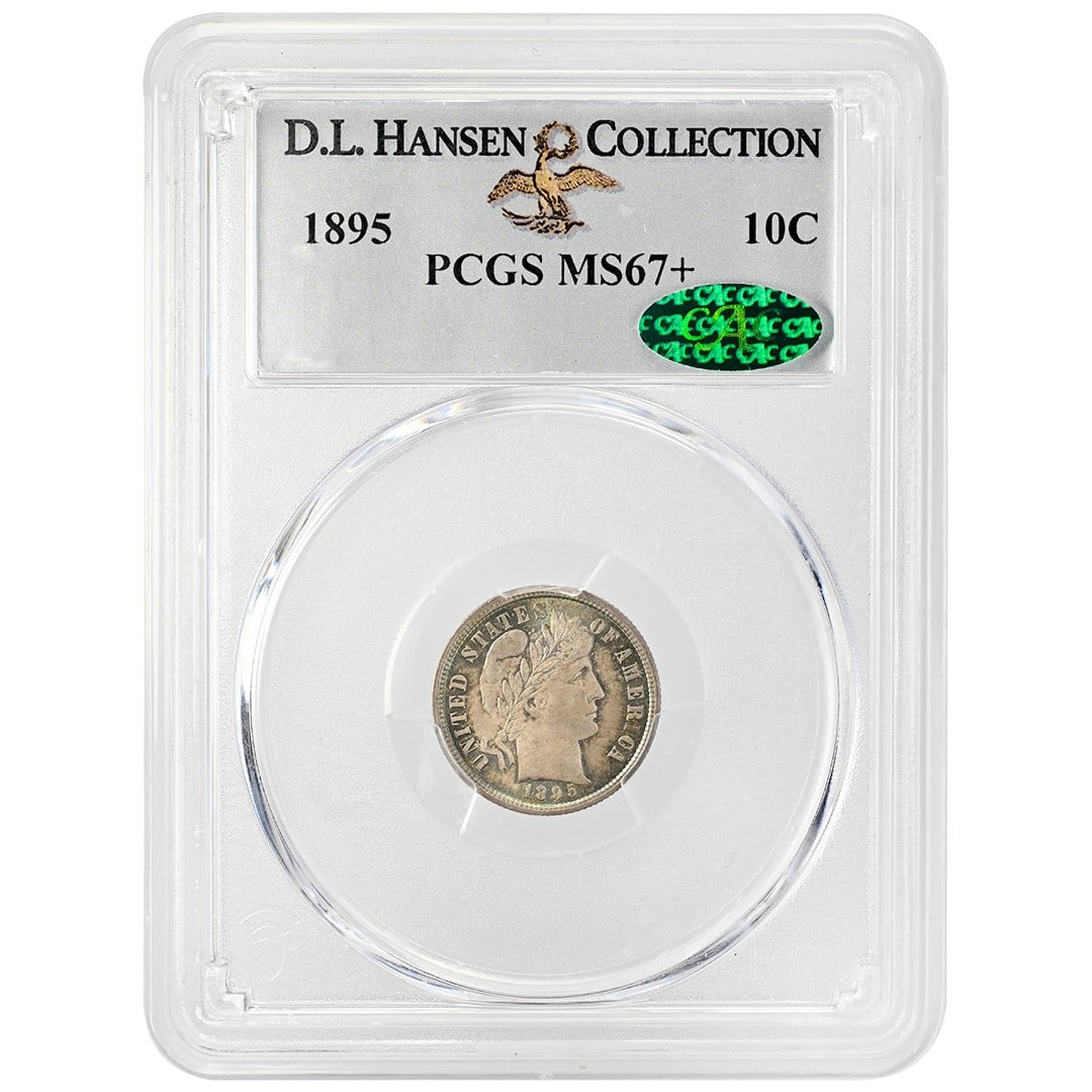 PCGS MS67+ CAC 1895 Barber Dime 10C Silver Coin: PCGS MS67+ CAC 1895 Barber Dime 10C Silver Coin 1895 Barber Dime certified by PCGS and CAC in MS67+ grade. This uncirculated better-date coin has a reported mintage of 690,000 and is described as show