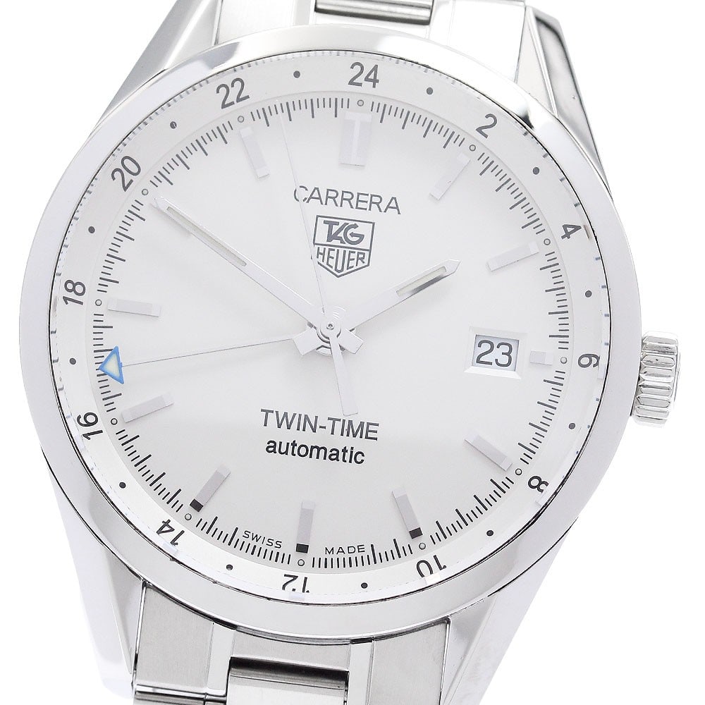 TAG Heuer Carrera Twin Time GMT Date Watch WV2116-0: TAG Heuer Carrera Twin Time GMT Date Watch WV2116-0 TAG Heuer Carrera Twin Time Date GMT men's wristwatch, model WV2116-0, made in Switzerland. It features a white dial, stainless steel case and stain