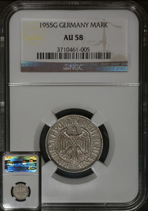 1955-G Germany Federal Republic Mark KM#110 NGC AU58: 1955-G Germany Federal Republic Mark KM#110 NGC AU58 Germany Federal Republic 1955-G Mark KM#110 certified by NGC as AU58. This circulated coin has nice eye appeal, with attractive color and surfaces.