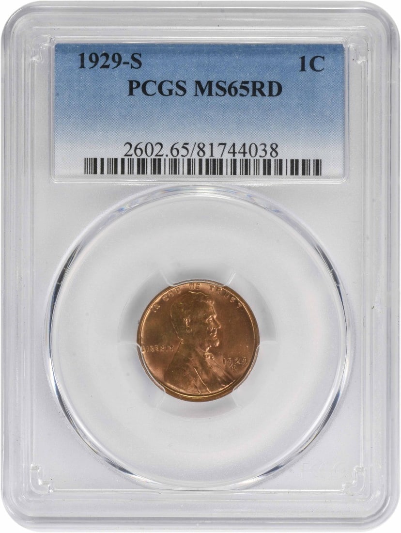PCGS MS65RD 1929-S Lincoln Wheat Small Cent: PCGS MS65RD 1929-S Lincoln Wheat Small Cent 1929-S Lincoln Wheat Cent graded MS65RD by PCGS. This uncirculated pre-owned coin is composed of copper and has a Small Cent denomination. It is identified 