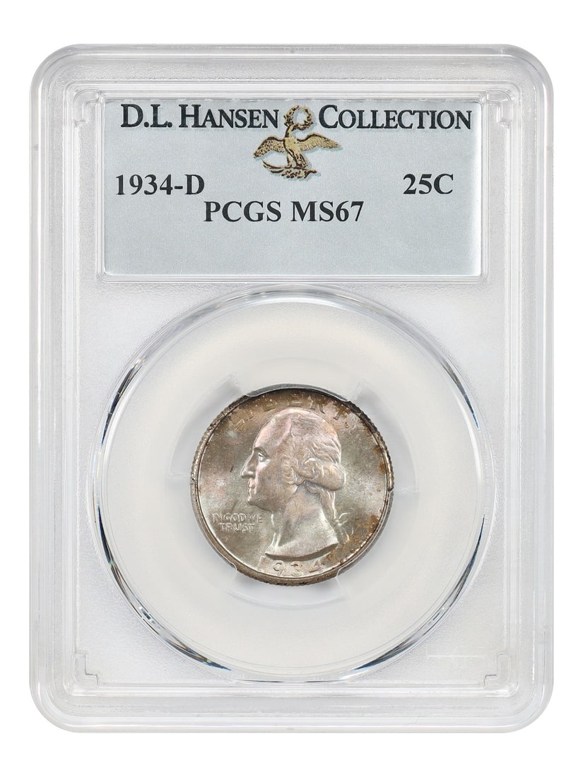 PCGS MS67 1934-D Washington Quarter 25C ex D.L. Hansen: PCGS MS67 1934-D Washington Quarter 25C ex D.L. Hansen An impressively preserved 1934-D Washington Quarter, certified PCGS MS67 and offered ex: D.L. Hansen. PCGS reports just two finer. This uncircula