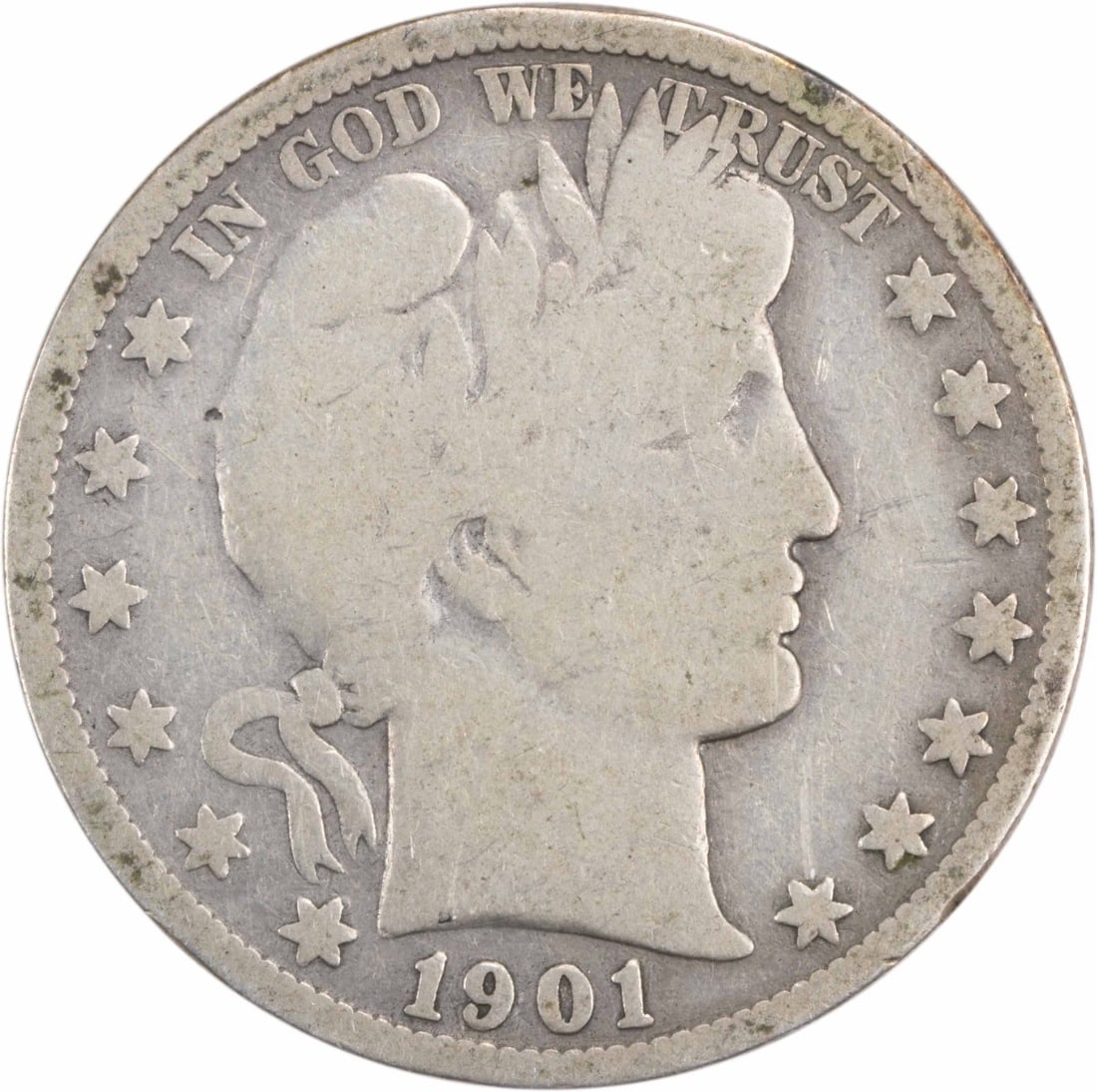 1901 S 50C Barber Half Dollar Silver VG Uncertified: 1901 S 50C Barber Half Dollar Silver VG Uncertified 1901-S Barber silver half dollar in VG grade. This circulated, uncertified coin is a pre-owned United States 50C issue. Specifications Item Type: Co