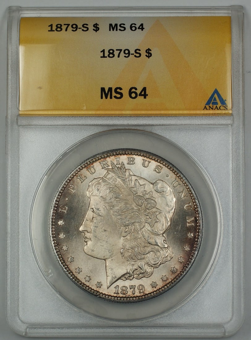 ANACS MS 64 1879-S Morgan Dollar Silver Coin: ANACS MS 64 1879-S Morgan Dollar Silver Coin This 1879-S Morgan Silver Dollar is an uncirculated coin graded MS-64 by ANACS. It features a nicely toned reverse and was minted in San Francisco. The coi