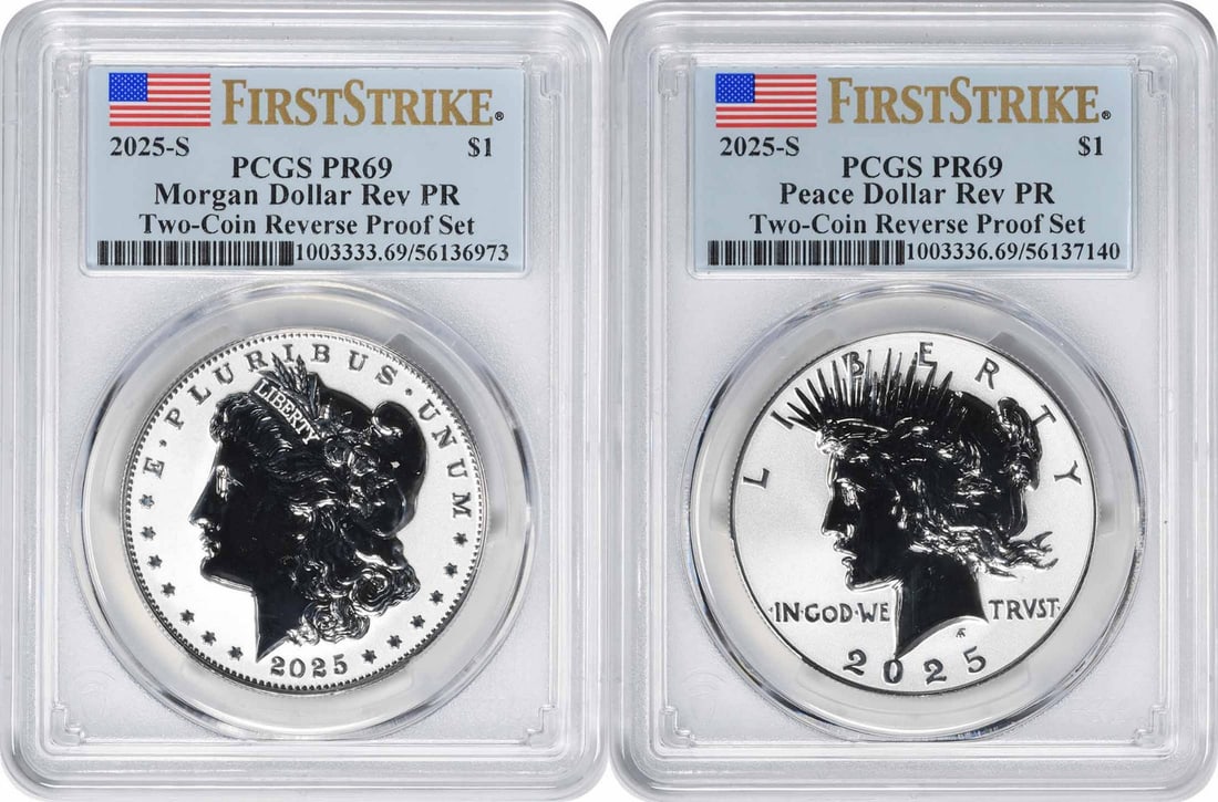 PCGS PR69 2025-S Morgan Peace Reverse Proof 2-Coin Set First Strike: PCGS PR69 2025-S Morgan Peace Reverse Proof 2-Coin Set First Strike This 2025-S Morgan & Peace Dollar 2-Coin Reverse Proof Set features two uncirculated silver dollars, each graded PR69 by PCGS and de