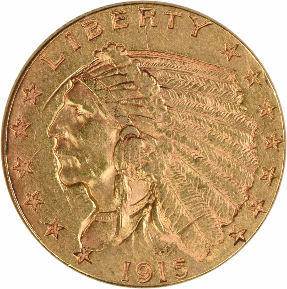 1915 Indian Head $2.50 Gold Coin AU Philadelphia Uncertified: 1915 Indian Head $2.50 Gold Coin AU Philadelphia Uncertified This 1915 $2.50 Gold Indian coin from the United States features the iconic incuse design by Bela Lyon Pratt. Struck at the Philadelphia Mi