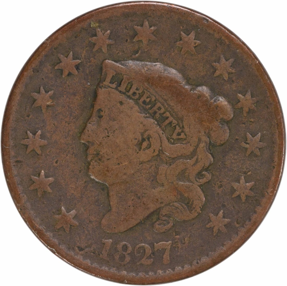 1827 Coronet Head Large Cent VG Uncertified Philadelphia Mint: 1827 Coronet Head Large Cent VG Uncertified Philadelphia Mint This 1827 Large Cent features the iconic Coronet Head design by Robert Scot. Minted in Philadelphia, this coin is in Very Good (VG) condit