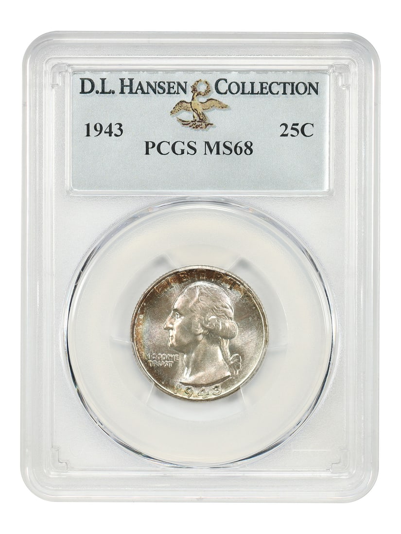 PCGS MS68 1943 Washington Quarter ex D.L. Hansen 25C Finest Known: PCGS MS68 1943 Washington Quarter ex D.L. Hansen 25C Finest Known 1943 Washington Quarter certified by PCGS as MS68. This Philadelphia issue is tied for the finest known between all major services. Ex