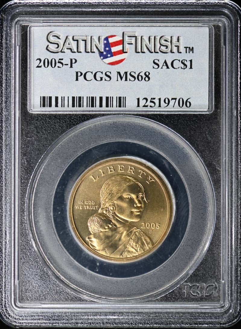 PCGS MS68 2005-P Sacagawea Dollar $1 Satin Strike: PCGS MS68 2005-P Sacagawea Dollar $1 Satin Strike 2005-P Sacagawea dollar graded MS68 by PCGS with a satin strike. This pre-owned coin is an uncirculated example from the United States. Specifications