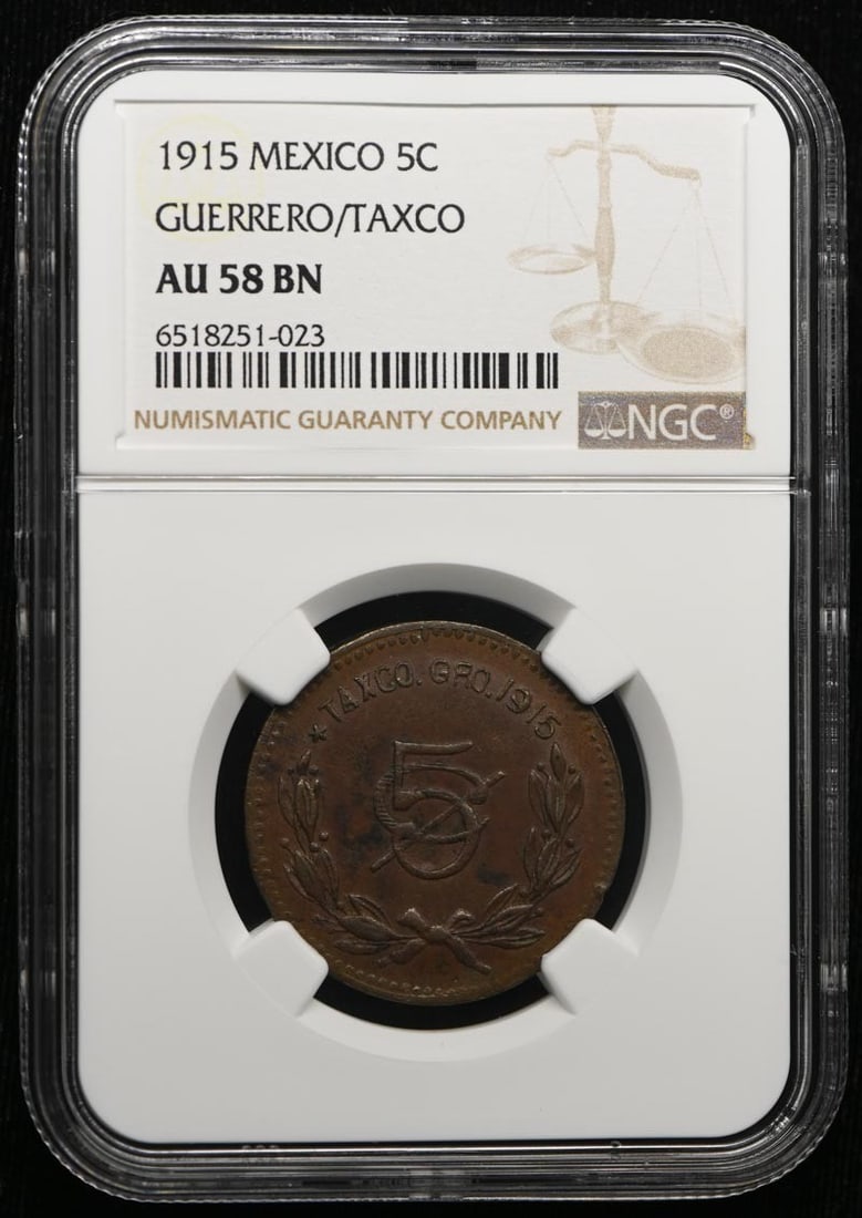 Mexico 1915 Guerrero Taxco 5C KM-668 NGC AU58BN Coin: Mexico 1915 Guerrero Taxco 5C KM-668 NGC AU58BN Coin 1915 Mexico Guerrero/Taxco 5 centavos coin, certified by NGC and graded AU58BN. This pre-owned circulated coin is identified as KM-668 and GB 226. 