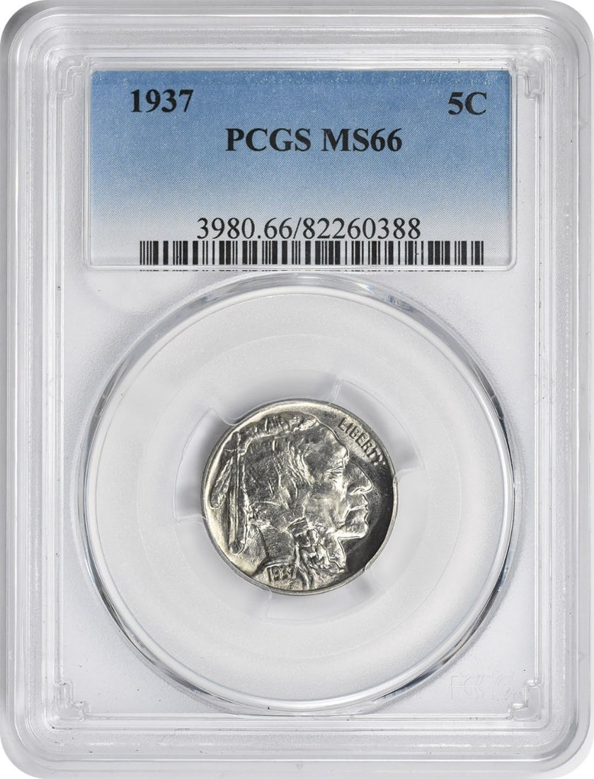 PCGS MS66 1937 Buffalo 5C Nickel: PCGS MS66 1937 Buffalo 5C Nickel This 1937 Buffalo Nickel is graded MS66 by PCGS, indicating a high-quality, uncirculated example. Struck in nickel, it features the classic design with a Native Americ