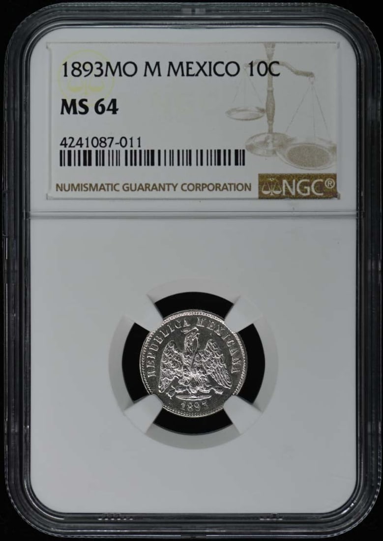 1893 Mexico 10C Coin NGC MS64 Uncirculated: 1893 Mexico 10C Coin NGC MS64 Uncirculated This 1893 Mexican 10 Centavos coin is certified as Uncirculated by NGC with a grade of MS64. It showcases the historical significance of the era with its str