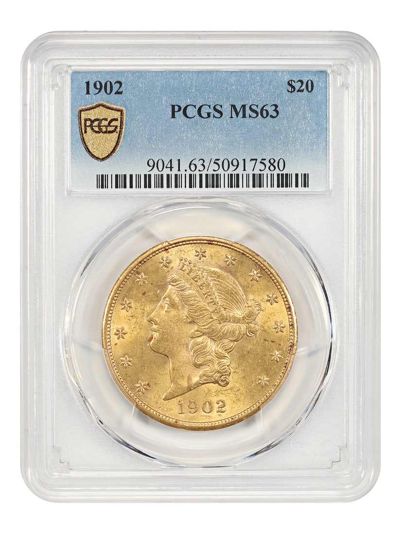 1902 Philadelphia Liberty Head $20 Gold Coin PCGS MS63: 1902 Philadelphia Liberty Head $20 Gold Coin PCGS MS63 1902 Liberty Head $20 double eagle certified by PCGS in MS63 grade. Struck at the Philadelphia Mint, this uncirculated example is an underrated 2