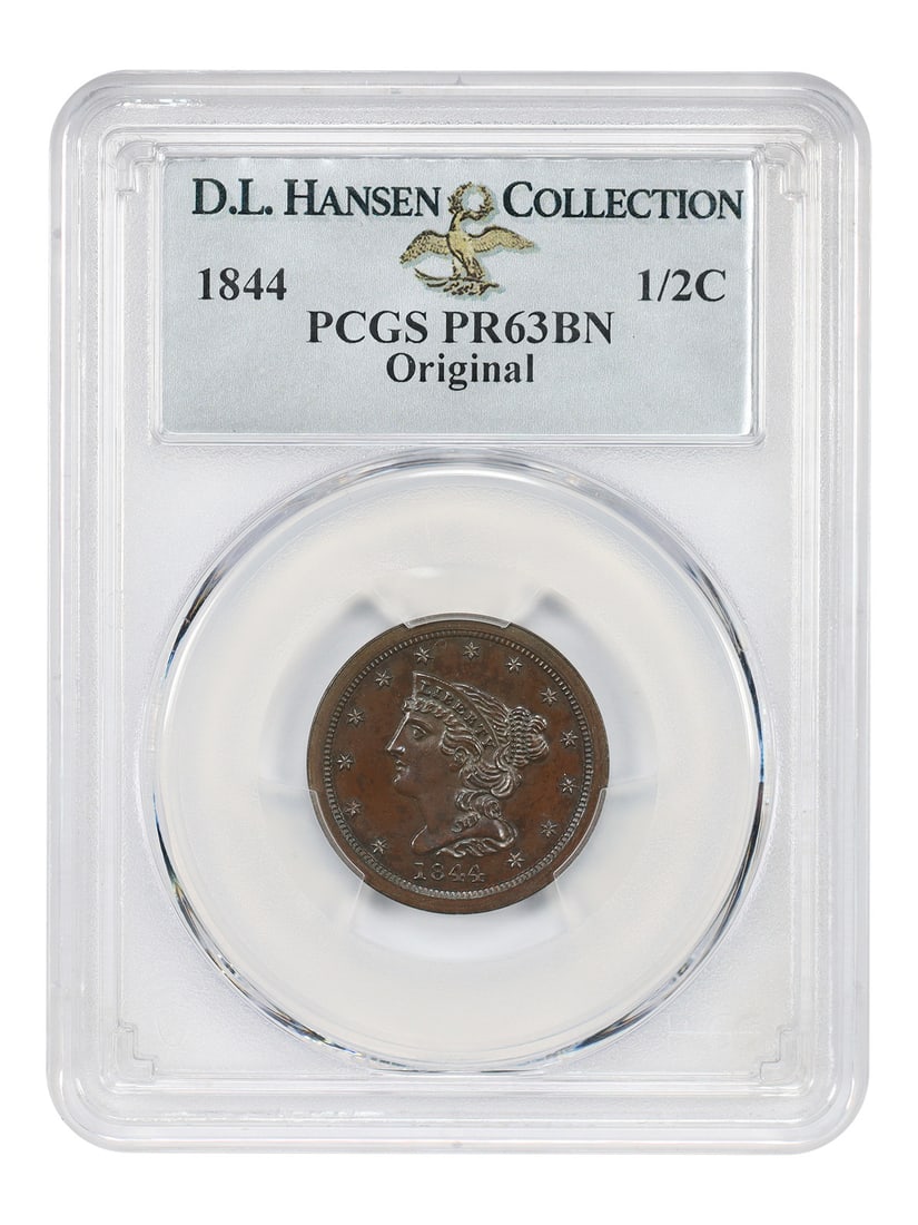PCGS PR63BN 1844 Braided Hair Half Cent ex D.L. Hansen: PCGS PR63BN 1844 Braided Hair Half Cent ex D.L. Hansen 1844 Braided Hair Half Cent graded PCGS PR63BN (Original), ex: D.L. Hansen. This proof issue shows razor-sharp devices and moderately reflective 