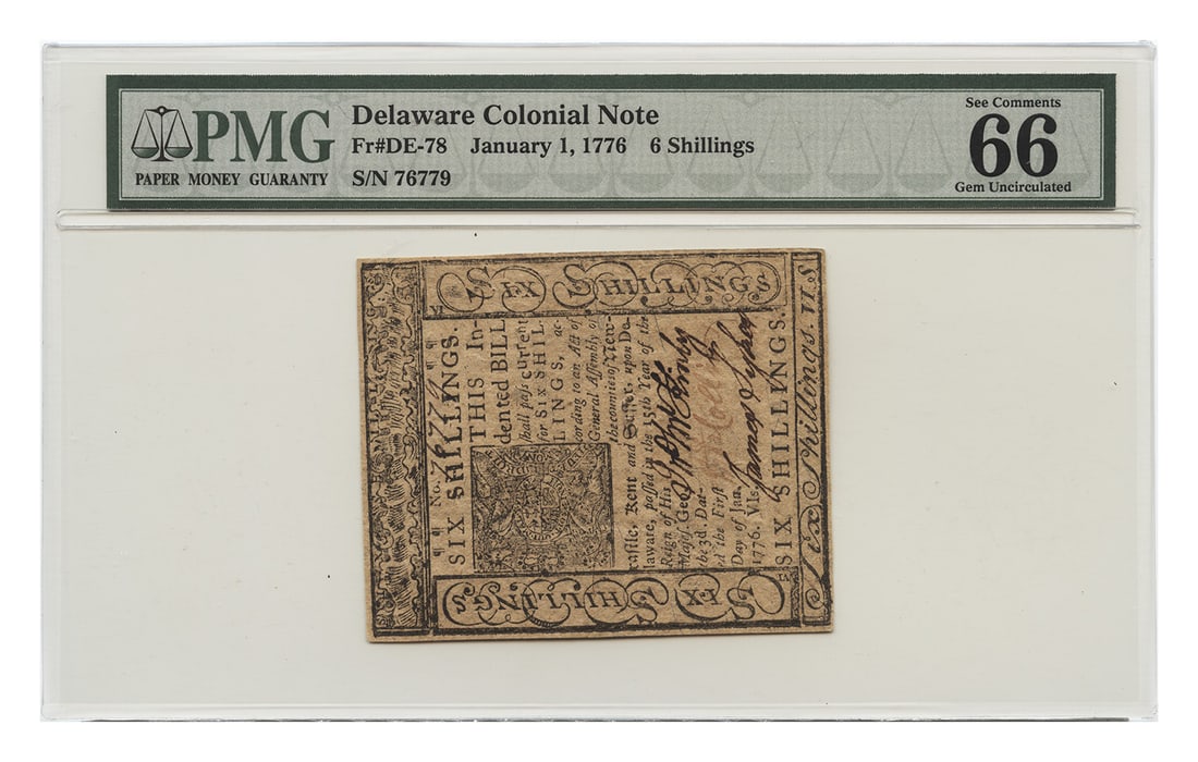 1776 Delaware 6 Shillings Colonial Note PMG Gem UNC66 EPQ: 1776 Delaware 6 Shillings Colonial Note PMG Gem UNC66 EPQ Delaware colonial currency note dated Jan 1, 1776, denominated 6 shillings. It is certified by PMG as Gem UNC66 EPQ and is described as uncirc