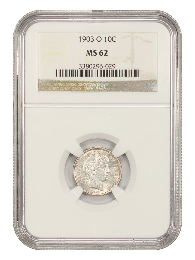 NGC MS62 1903 O Barber Dime 10C: NGC MS62 1903 O Barber Dime 10C 1903-O Barber Dime certified by NGC in MS62 condition. This uncirculated 10C coin was struck in 1903 at the New Orleans Mint and is offered as a pre-owned example. Spec