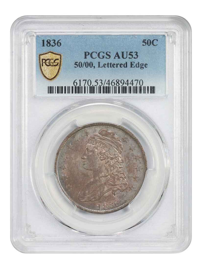 1836 Capped Bust Half Dollar PCGS AU53 Blundered Die Variety: 1836 Capped Bust Half Dollar PCGS AU53 Blundered Die Variety 1836 Capped Bust Half Dollar certified by PCGS as AU53. This circulated coin is identified as a blundered die variety, with an underlying 0