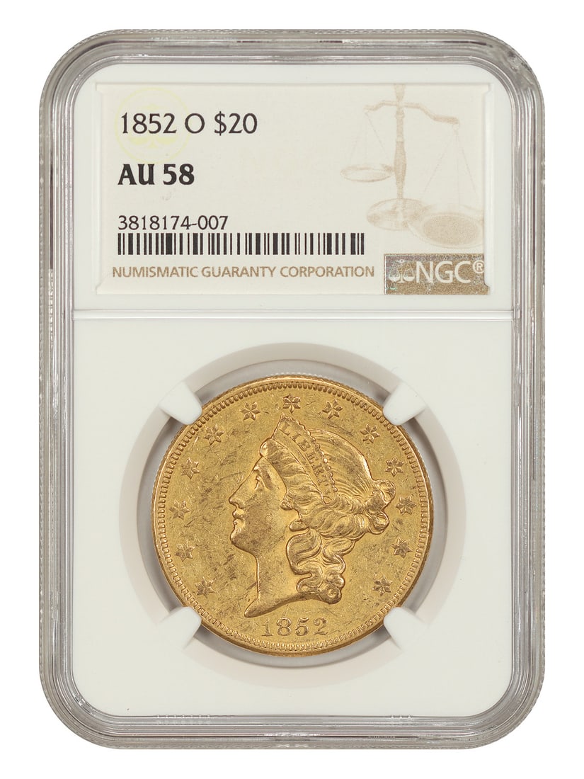 NGC AU58 1852-O Liberty Head $20 Double Eagle New Orleans: NGC AU58 1852-O Liberty Head $20 Double Eagle New Orleans 1852-O Liberty Head $20 Double Eagle certified by NGC with a grade of AU58. Minted in New Orleans, this circulated example is described as a p