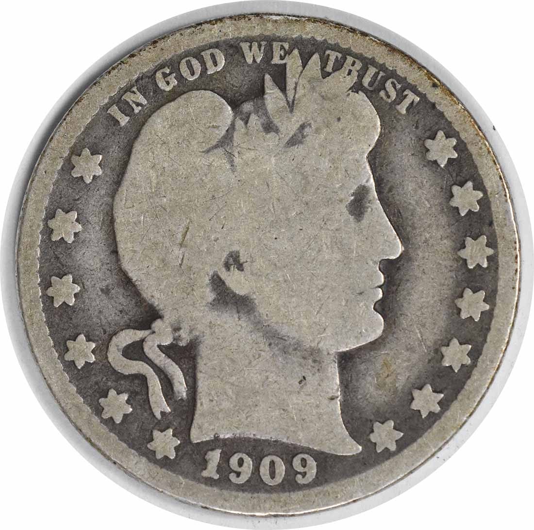 1909-O Barber Quarter 90% Silver VG Uncertified New Orleans: 1909-O Barber Quarter 90% Silver VG Uncertified New Orleans This 1909-O Barber Silver Quarter, in Very Good (VG) condition, showcases the artistry of designer Charles E. Barber. Minted in New Orleans,
