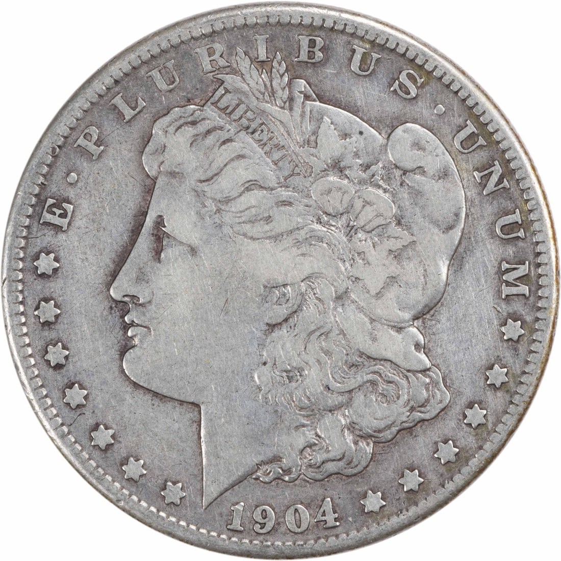 1904-S Morgan Silver Dollar VF Uncertified 90% Silver Coin: 1904-S Morgan Silver Dollar VF Uncertified 90% Silver Coin This 1904-S Morgan Silver Dollar is a remarkable collectible piece, featuring the classic design by George T. Morgan. The coin is circulated,