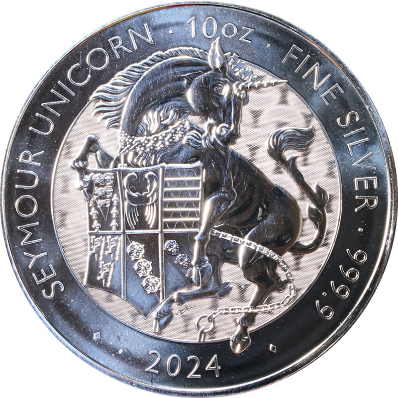 2024 Great Britain Tudor Beast Seymour Unicorn 10 Ounce Silver Coin: 2024 Great Britain Tudor Beast Seymour Unicorn 10 Ounce Silver Coin This is an original 2024 Great Britain 10 Ounce Silver Tudor Beast Seymour Unicorn coin. Struck in .999 fine silver, the coin featur