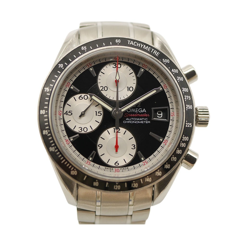 OMEGA Speedmaster Date 3210.51 Chronograph Steel Wristwatch: OMEGA Speedmaster Date 3210.51 Chronograph Steel Wristwatch This OMEGA Speedmaster Date 3210.51 is a men's automatic wristwatch featuring a stainless steel case and bracelet. The watch has a black dia