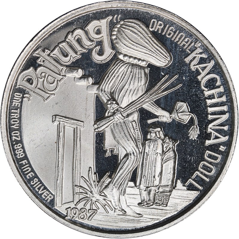 1987 Denver Western Expo Patung Kachina Doll 1 Oz .999 Silver Round: 1987 Denver Western Expo Patung Kachina Doll 1 Oz .999 Silver Round Vintage 1987 1 oz silver round featuring the Patung Kachina Doll design for the Denver Western Expo. This uncirculated piece is an o