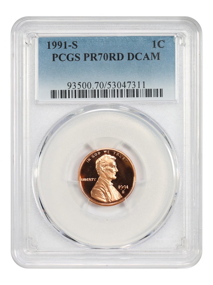 PCGS PR70RD DCAM 1991-S Lincoln Cent Modern 1C: PCGS PR70RD DCAM 1991-S Lincoln Cent Modern 1C 1991-S Lincoln Cent (Modern) in uncirculated condition, certified by PCGS as PR70RD DCAM. The coin is a pre-owned example with certification number 53047