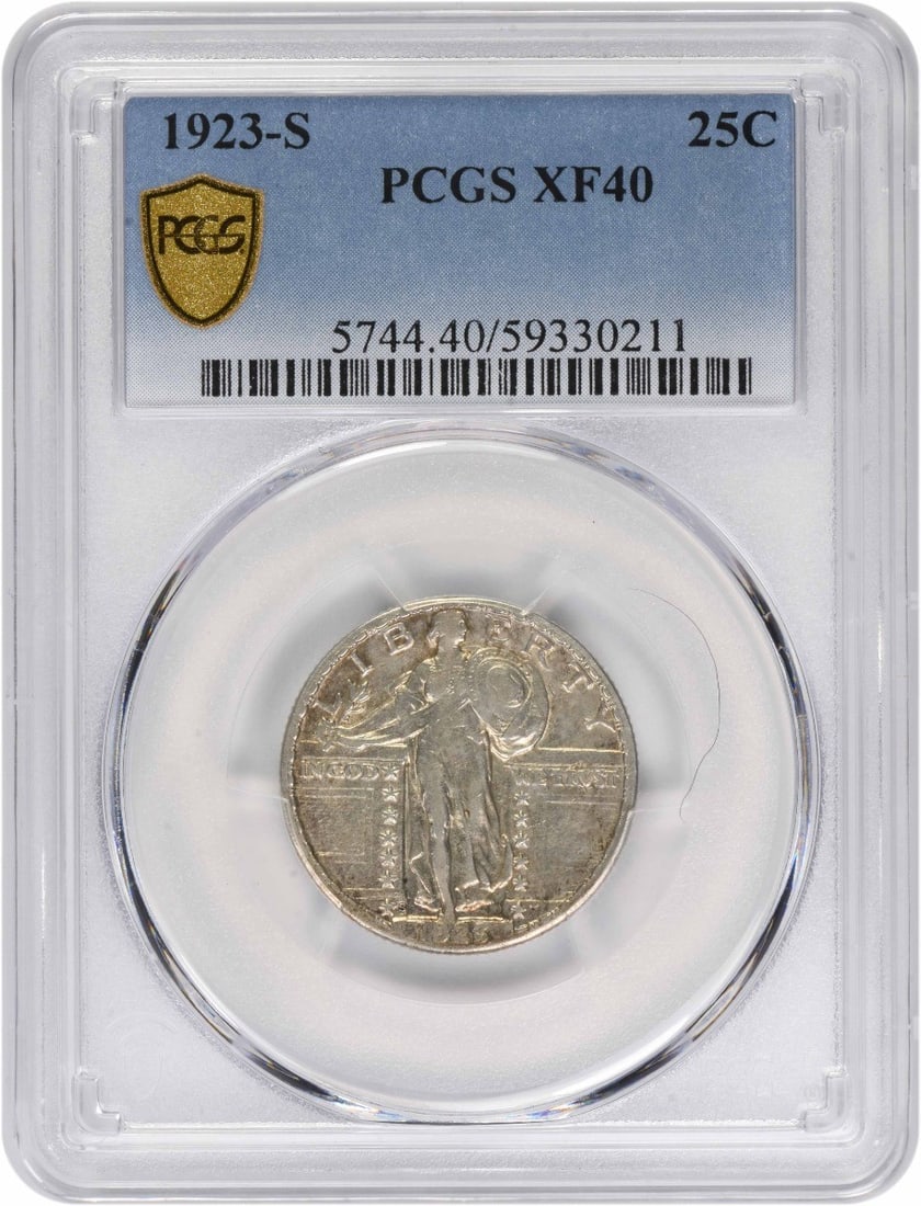 PCGS EF40 1923 S Standing Liberty 25C Silver Quarter: PCGS EF40 1923 S Standing Liberty 25C Silver Quarter 1923-S Standing Liberty Quarter graded EF40 by PCGS. This circulated United States 25C coin is composed of silver and is offered as a pre-owned pie