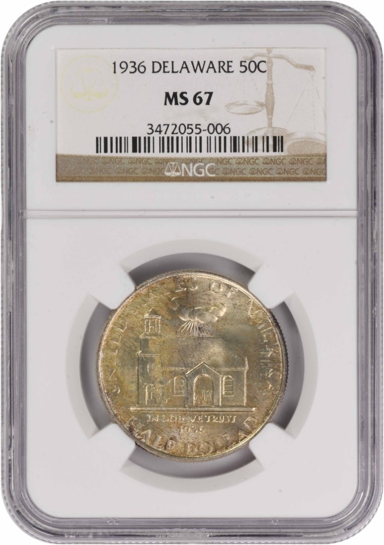 1936 NGC MS67 United States Delaware Silver Commemorative Half Dollar: 1936 NGC MS67 United States Delaware Silver Commemorative Half Dollar This 1936 Delaware Commemorative Half Dollar is an uncirculated coin graded MS67 by NGC. Struck at the Philadelphia Mint, it featu