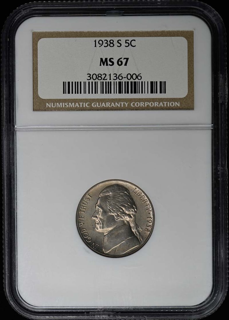 1938-S NGC MS67 Jefferson Nickel Certified San Francisco Mint Coin: 1938-S NGC MS67 Jefferson Nickel Certified San Francisco Mint Coin This 1938-S Jefferson Nickel is a remarkable piece, certified by NGC with a grade of MS67, indicating its uncirculated condition. Min